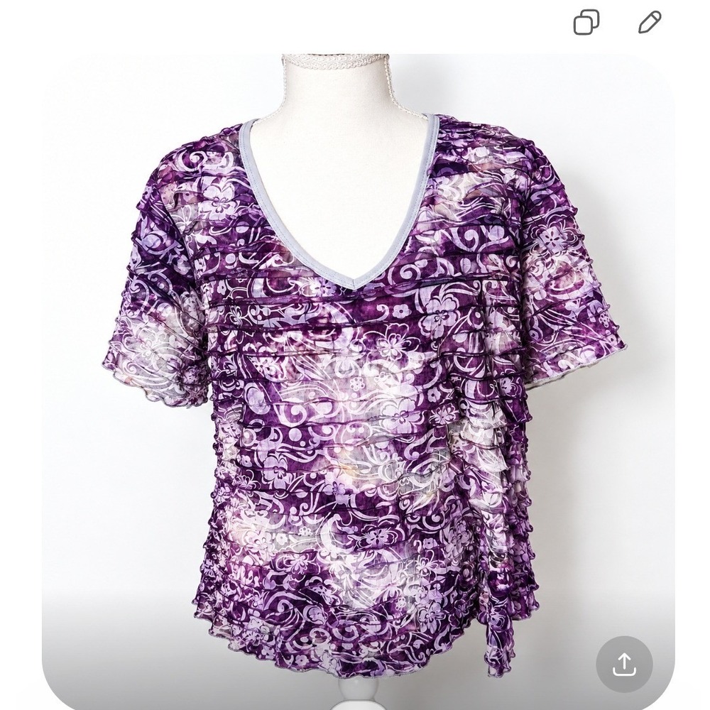 Only Nine Woman Purple Floral Ruffle  V-Neck Blouse Top 2X Short Sleeve 2326A24‎